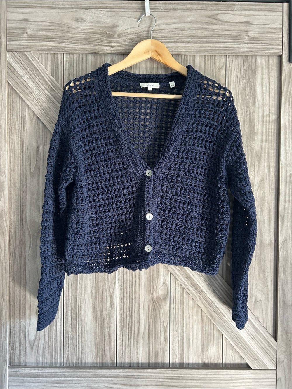 Vince Navy Organic Cotton Crochet Open Knit Cropped Cardigan Sweater M